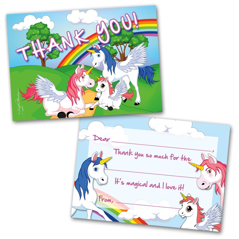 Unicorns and Rainbows Thank You Cards for Kids, 20 Notes & 20 Envelopes