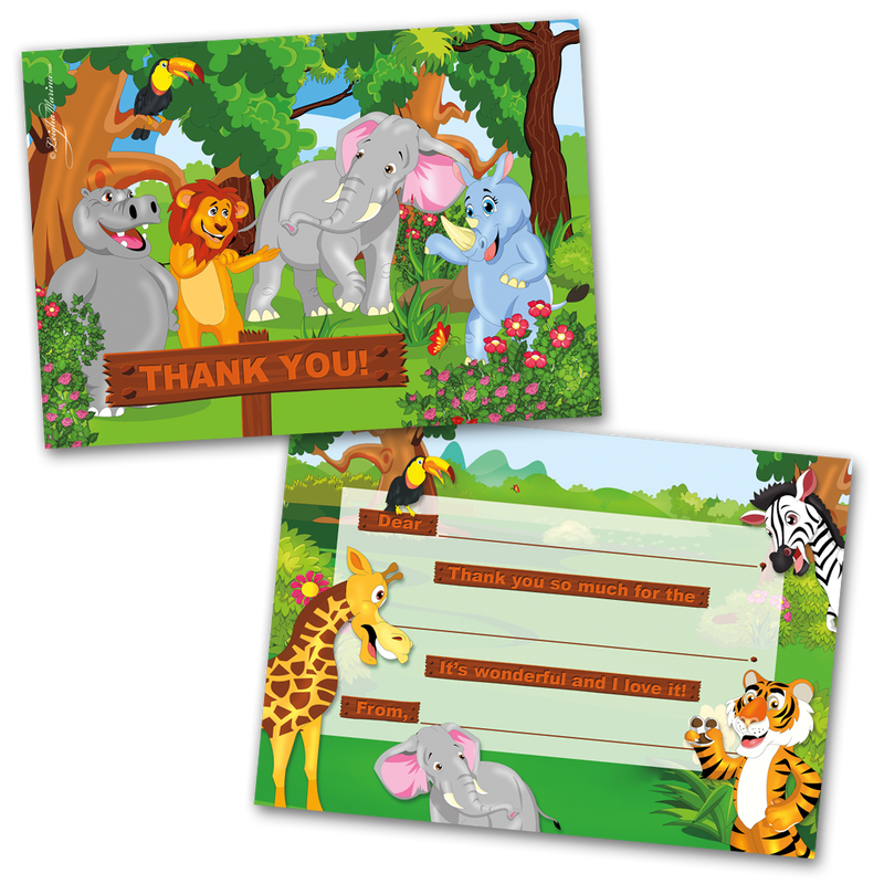 Jungle Animals Thank You Cards for Kids, 20 Notes & 20 Envelopes