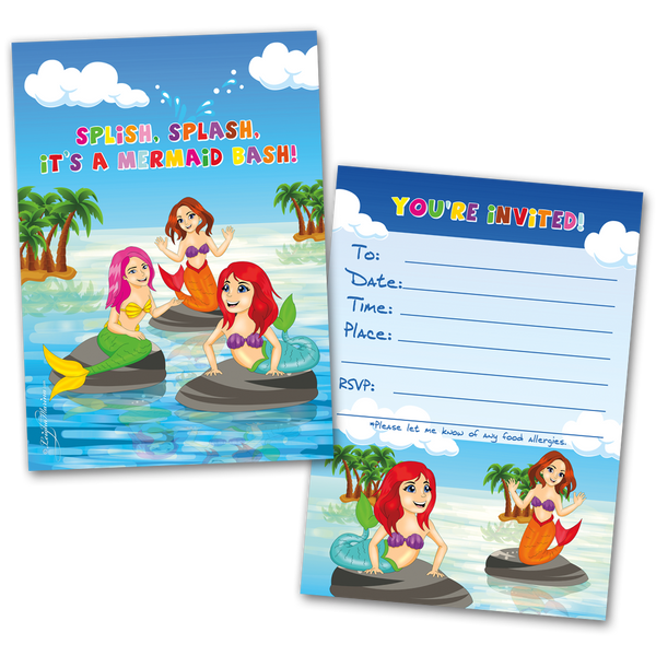Mermaid Bash Party Invitation Cards for Kids, 20 Invites & 20 Envelopes