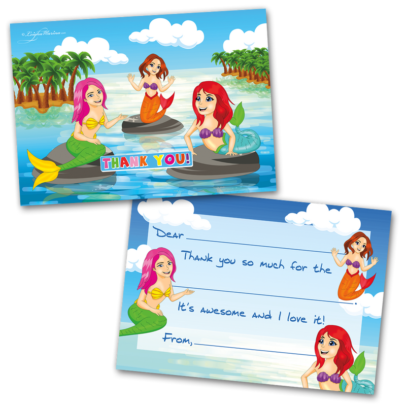 Mermaid Bash Thank You Cards for Kids, 20 Notes & 20 Envelopes