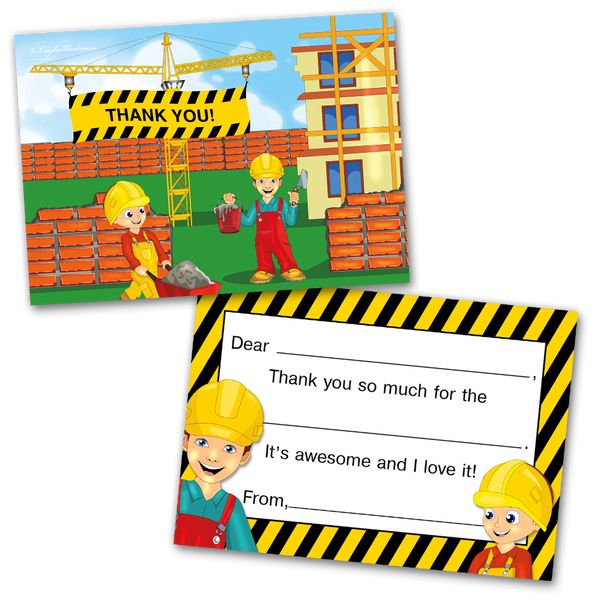 Construction Thank You Cards for Kids, 20 Notes & 20 Envelopes