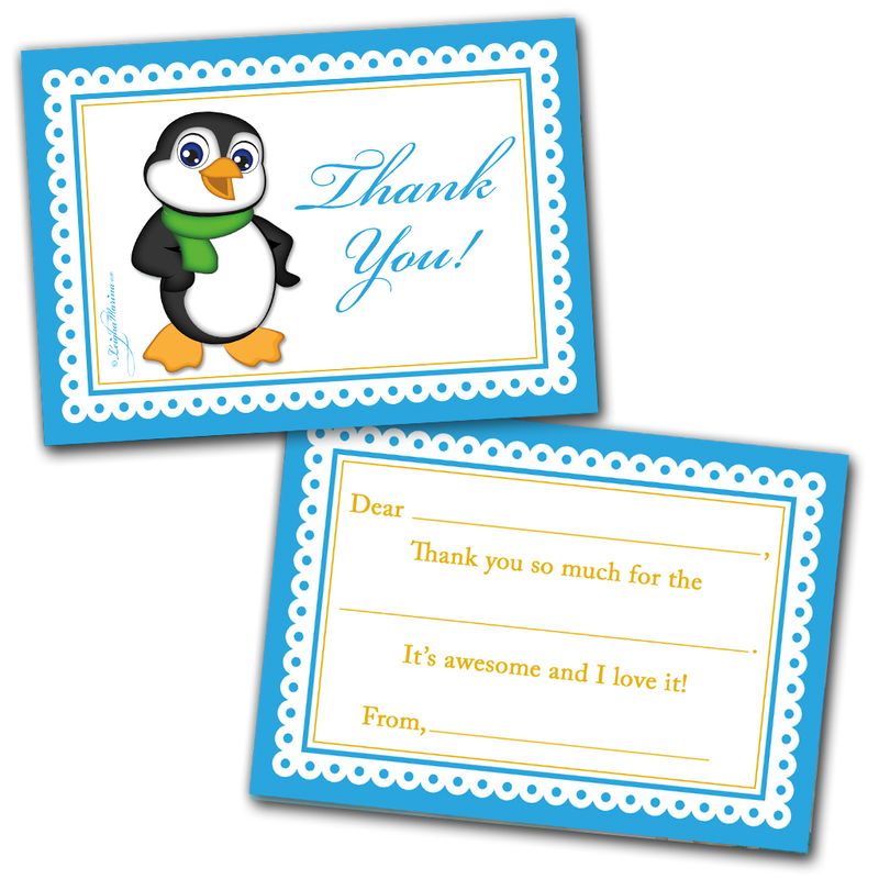 Boy Penguin Thank You Cards for Kids, 20 Notes & 20 Envelopes