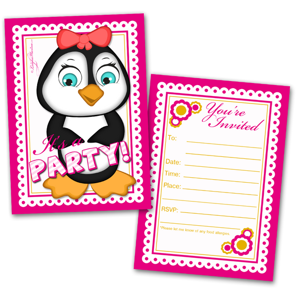 Girl Penguin Party Invitation Cards for Kids, 20 Invites & 20 Envelopes