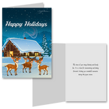 15 Greeting Cards and 15 Envelopes 'Happy Holidays Log House and Reindeers'