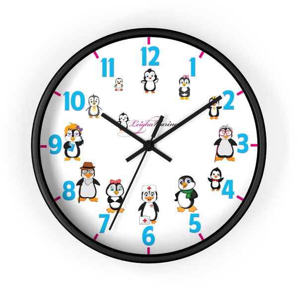 Round Wall Clock 10-Inch (25.4 cm) 12 Cartoon Penguins Wall Clock by Leigha Marina