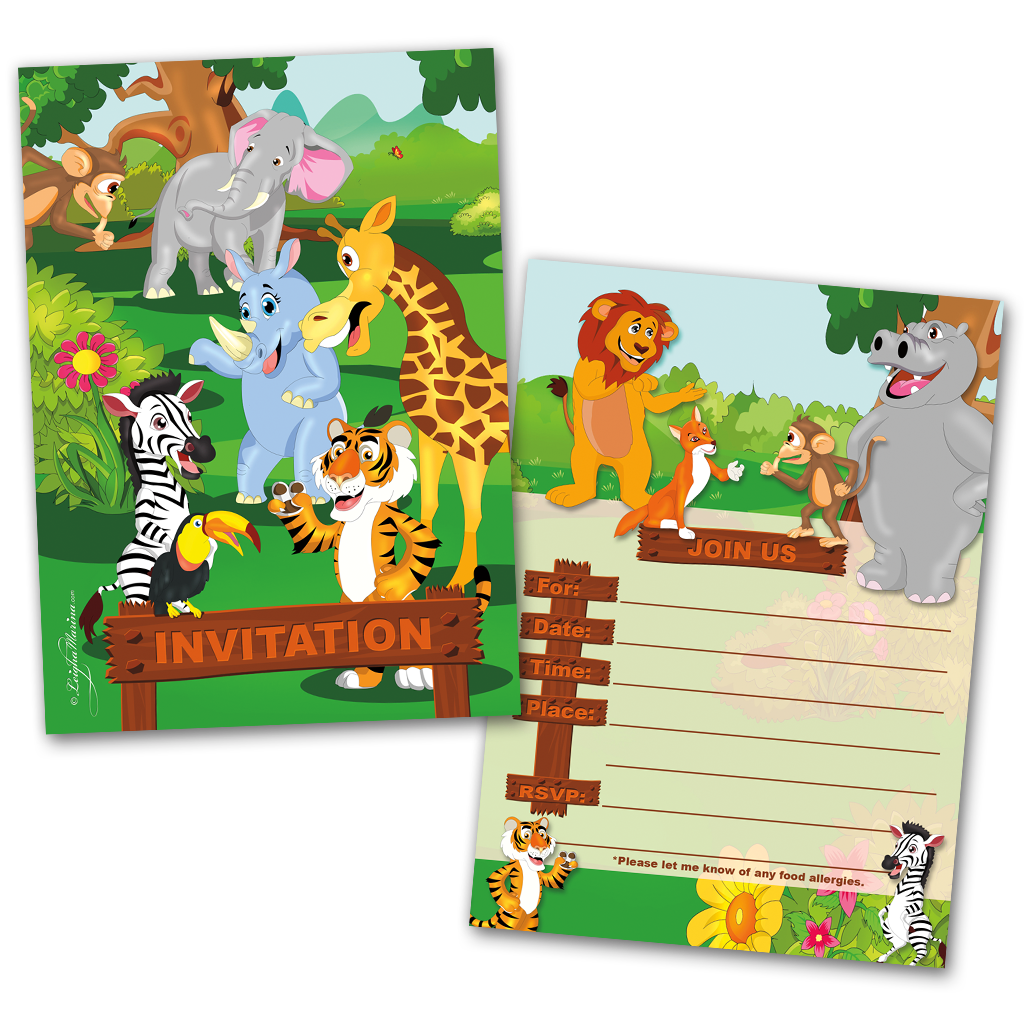 Jungle Animals Party Invitation Cards for Kids, 20 Invites & 20 Envelo ...