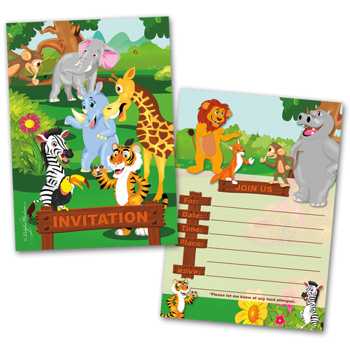 Jungle Animals Party Invitation Cards for Kids, 20 Invites & 20 Envelopes