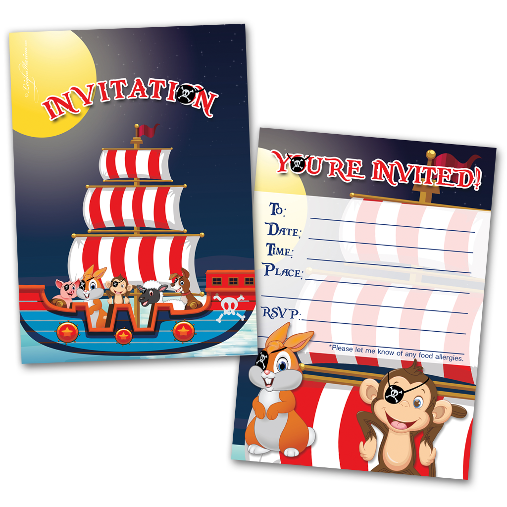 Pirates Party Invitation Cards for Kids, 20 Invites & 20 Envelopes