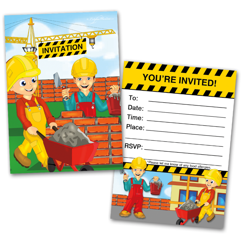 Construction Party Invitation Cards for Kids, 20 Invites & 20 Envelopes