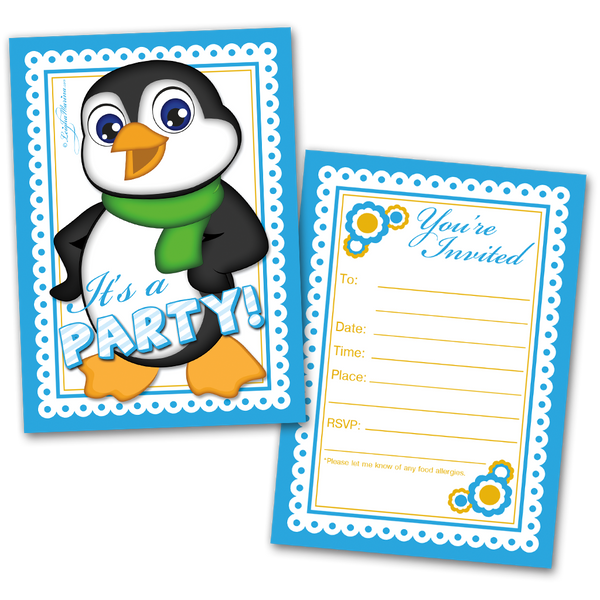 Boy Penguin Party Invitation Cards for Kids, 20 Invites & 20 Envelopes