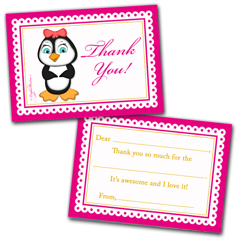 Girl Penguin Thank You Cards for Kids, 20 Notes & 20 Envelopes