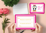 Girl Penguin Thank You Cards for Kids, 20 Notes & 20 Envelopes