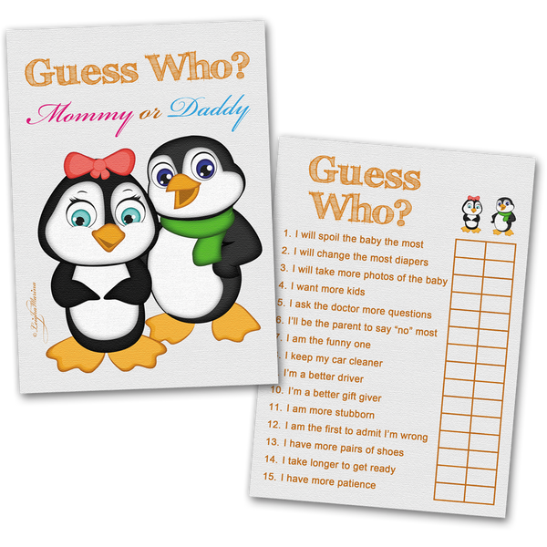 Baby Shower Game Cards Guess Who Mommy or Daddy with Penguins - 40 Cards