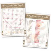 Baby shower word search and word scramble game cards